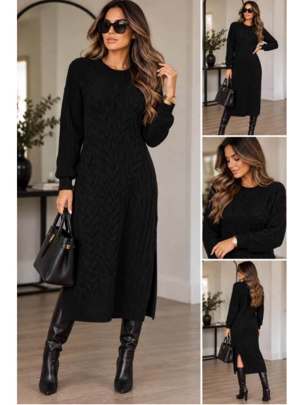Nordstrom Cable Knit Sweater Dress Women's L Black Wool Blend Midi NWT $119